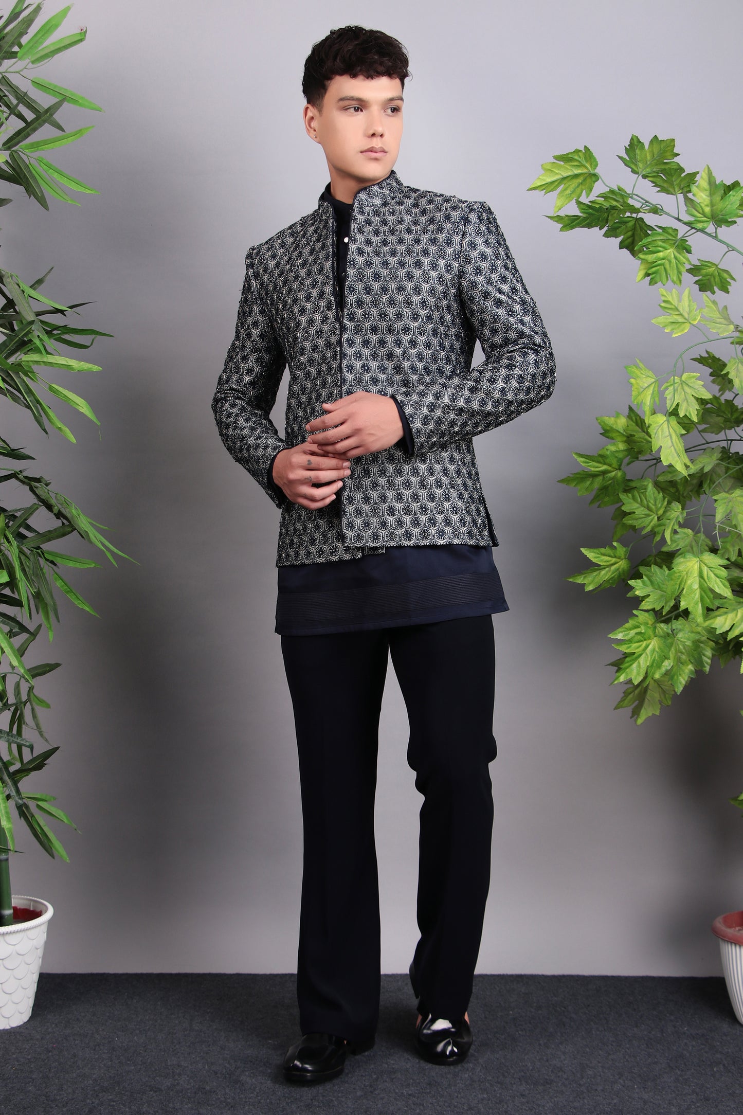 Back view - Men’s Indo-Western – Silk Embroidered Fabric in Blue with Floral Hand Embroidery