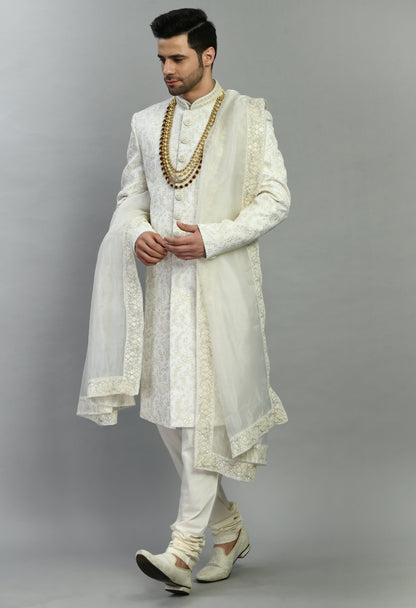 Men’s Sherwani – Silk in Ivory with Detailed Hand Embroidery Allover | One Man Show