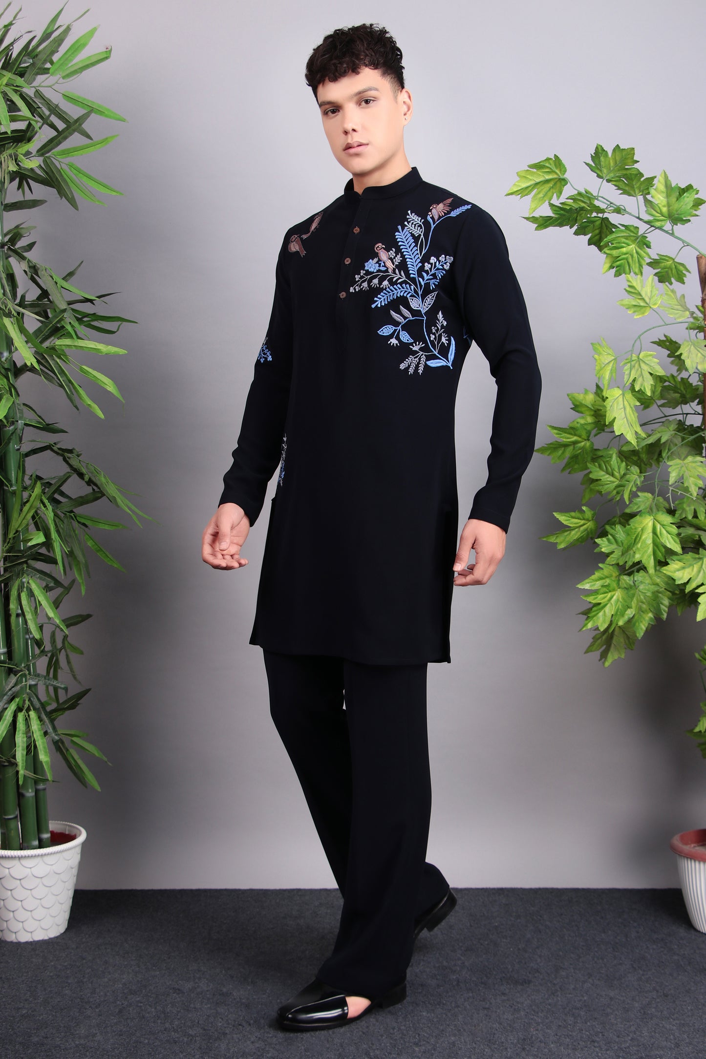 Front view - Men’s Kurta Set – Japanese Lycra in Blue with Blue Silk Thread Placement Embroidery