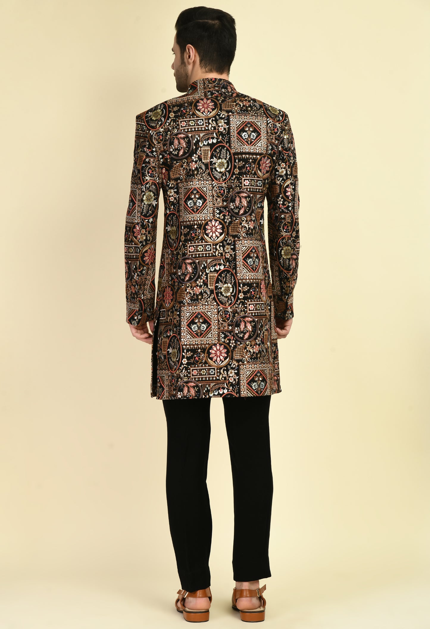 Detail view 1 - Men’s Indo-Western – Silk Georgette in Multi Color with Abstract Silk Thread Embroidery