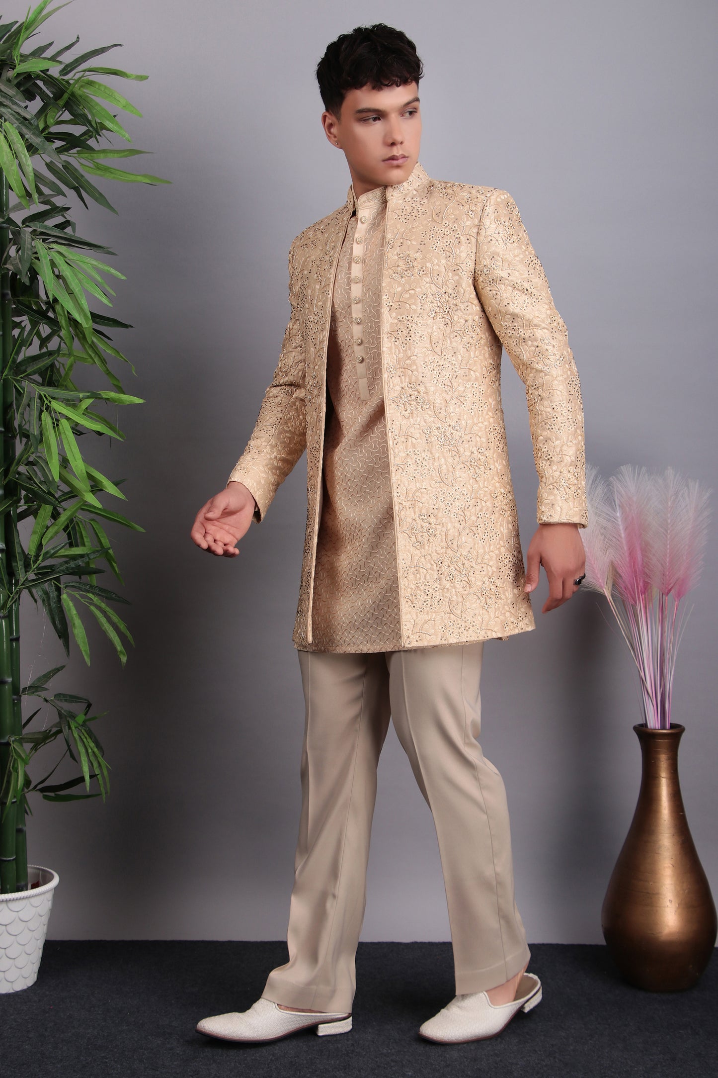 Detail view 1 - Men’s Indo-Western – Silk Embroidered Fabric in Beige with Floral Hand Embroidery