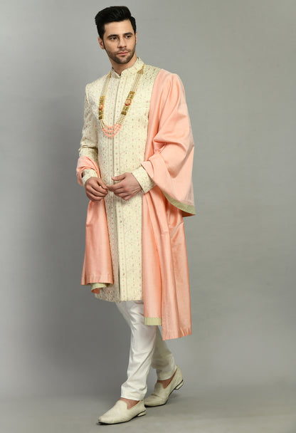 Men’s Sherwani – Silk in Cream with Detailed Hand Embroidery Allover | One Man Show
