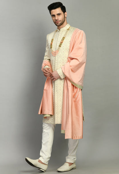 Men’s Sherwani – Silk in Cream with Detailed Hand Embroidery Allover | One Man Show