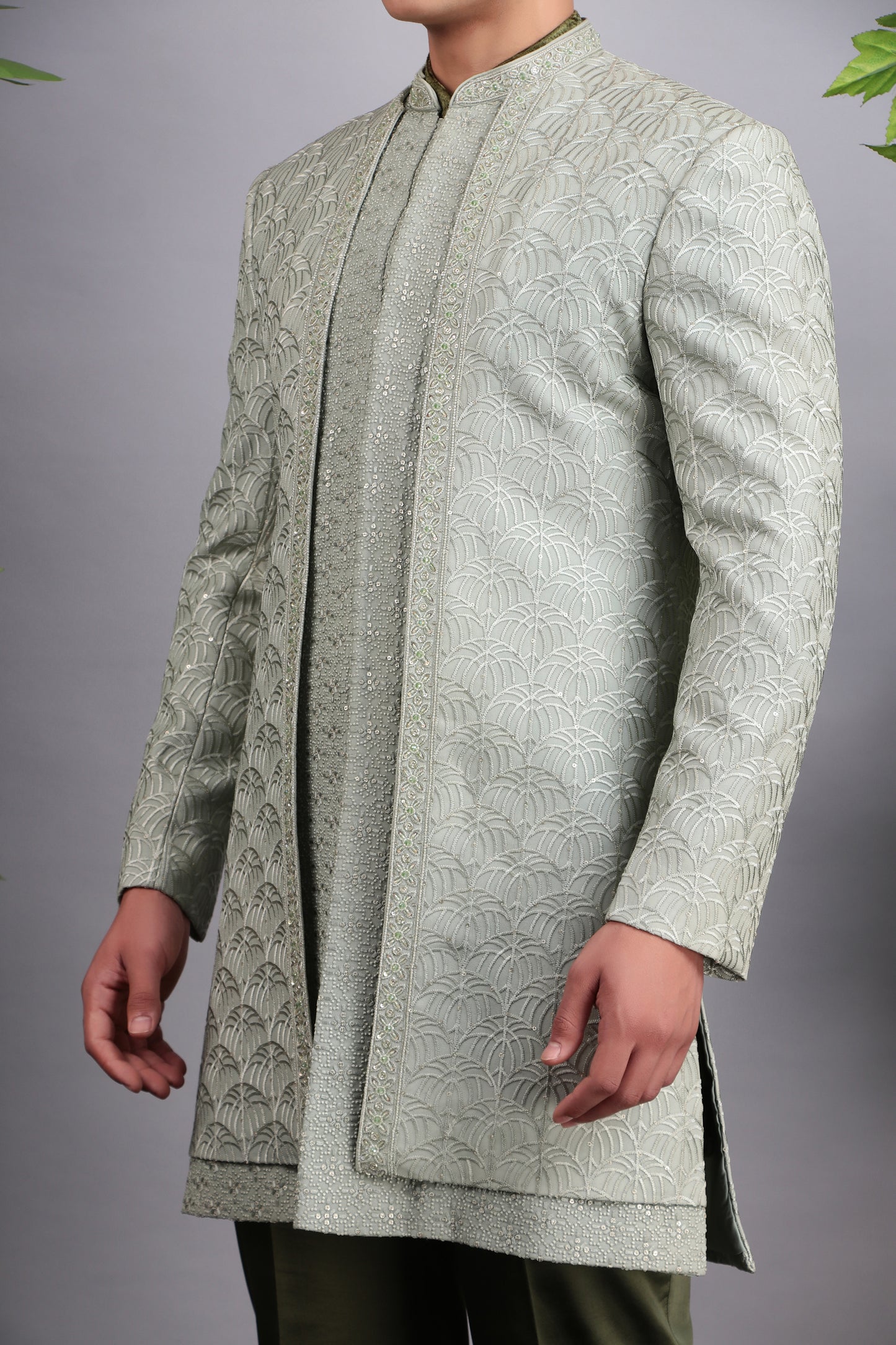 Detail view 1 - Men’s Indo-Western – Georgette Embroidered in Green with Hand Embroidery