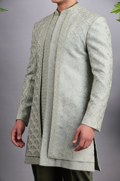 Men’s Indo-Western – Georgette Embroidered in Green with Hand Embroidery | One Man Show
