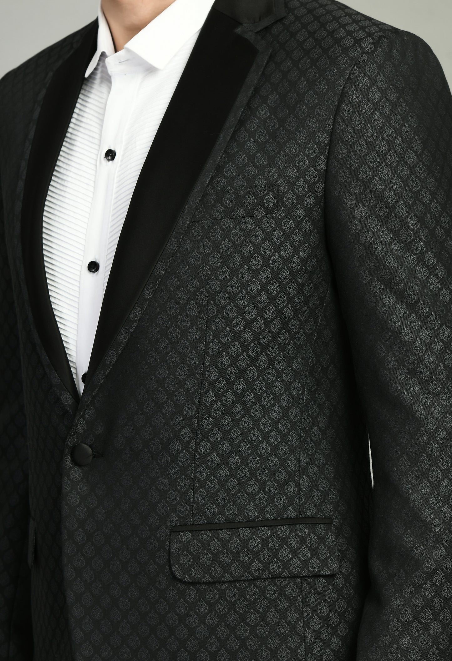 Detail view 1 - Men’s Tuxedo – Poly Jaquard in Black with Geometric Motif Tuxedo Blazer
