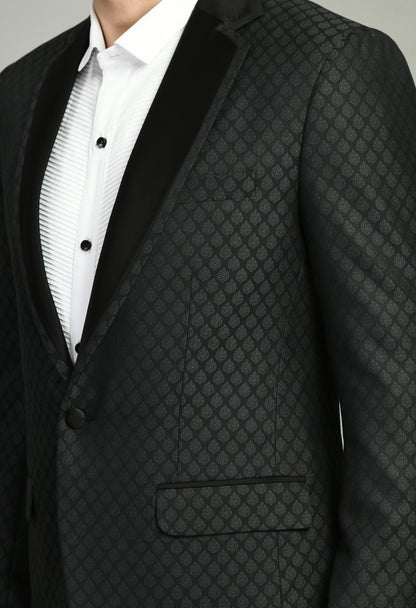 Men’s Tuxedo – Poly Jaquard in Black with Geometric Motif Tuxedo Blazer | One Man Show