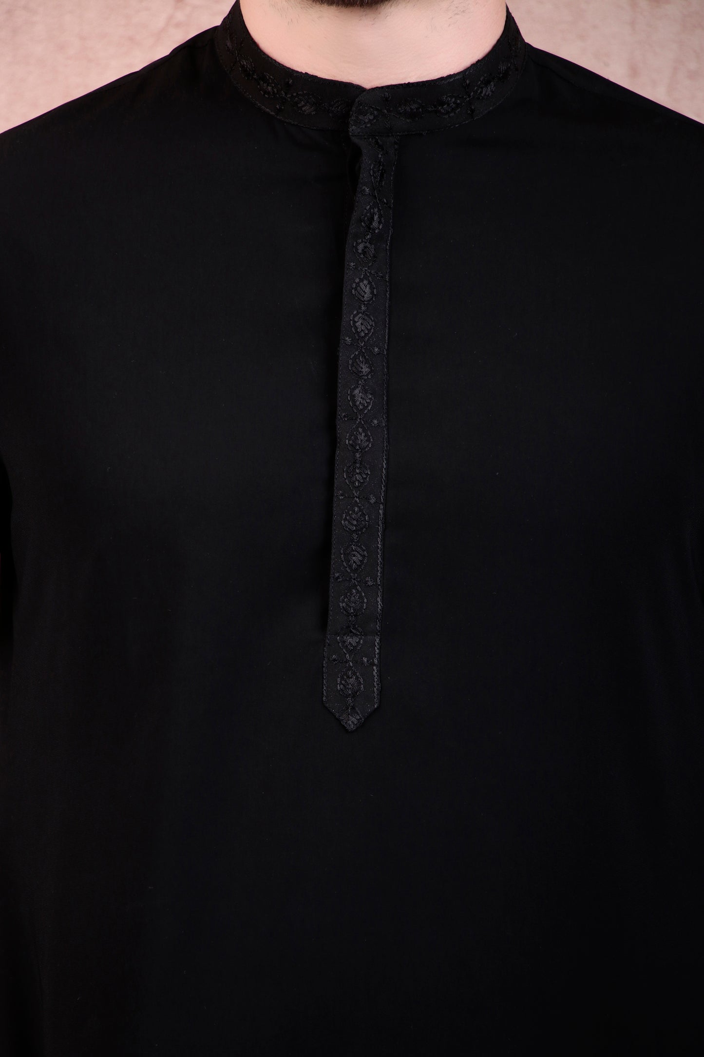 Detail view 5 - Men’s Kurta Set – Silk in Brown with Abstract Silk Thread & Hand Embroidery Jacket over Japanese Lycra Kurta