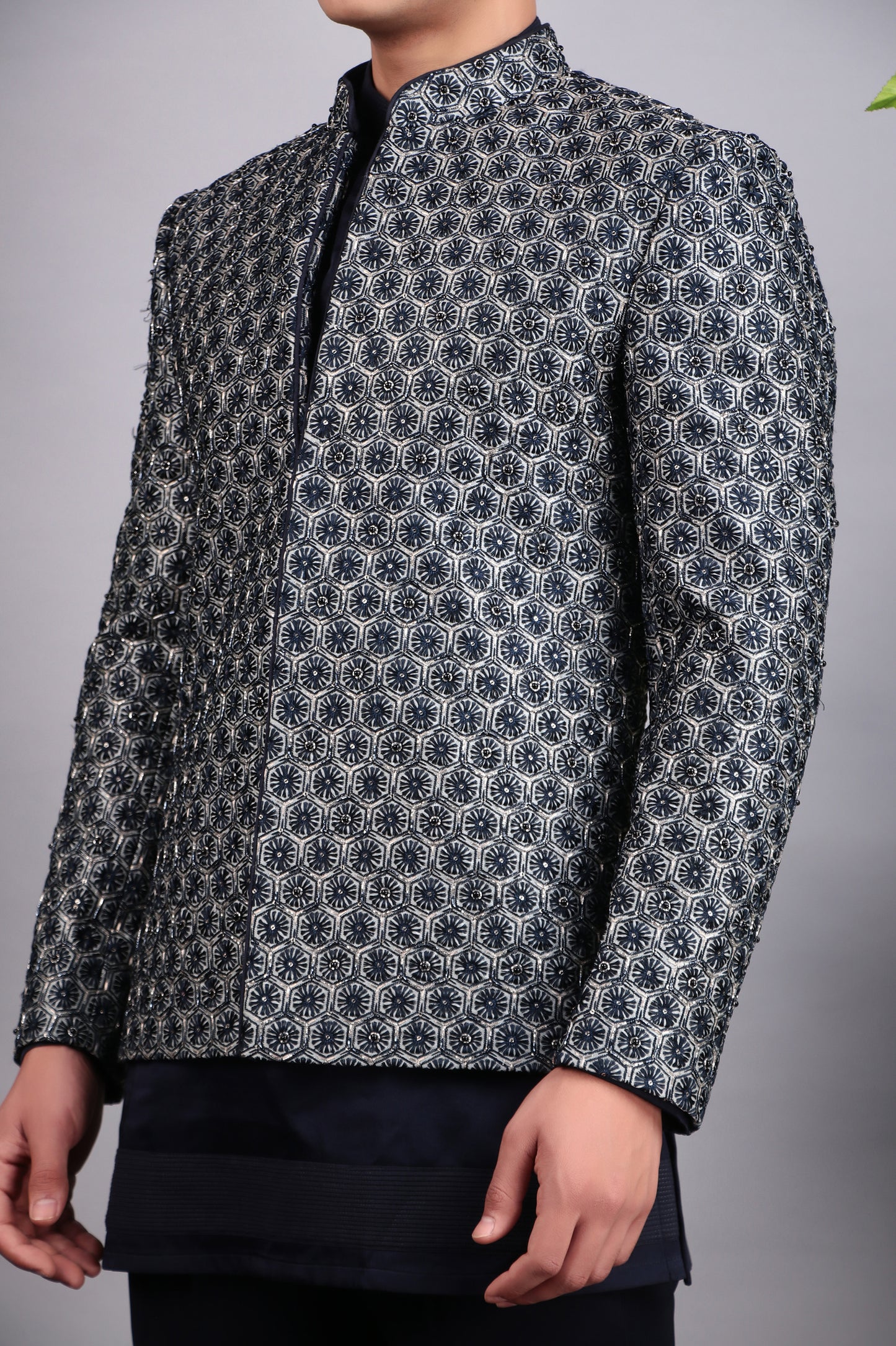 Detail view 1 - Men’s Indo-Western – Silk Embroidered Fabric in Blue with Floral Hand Embroidery
