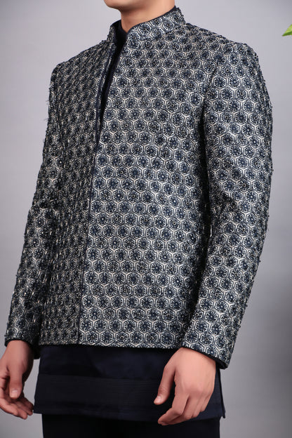 Men’s Indo-Western – Silk Embroidered Fabric in Blue with Floral Hand Embroidery | One Man Show