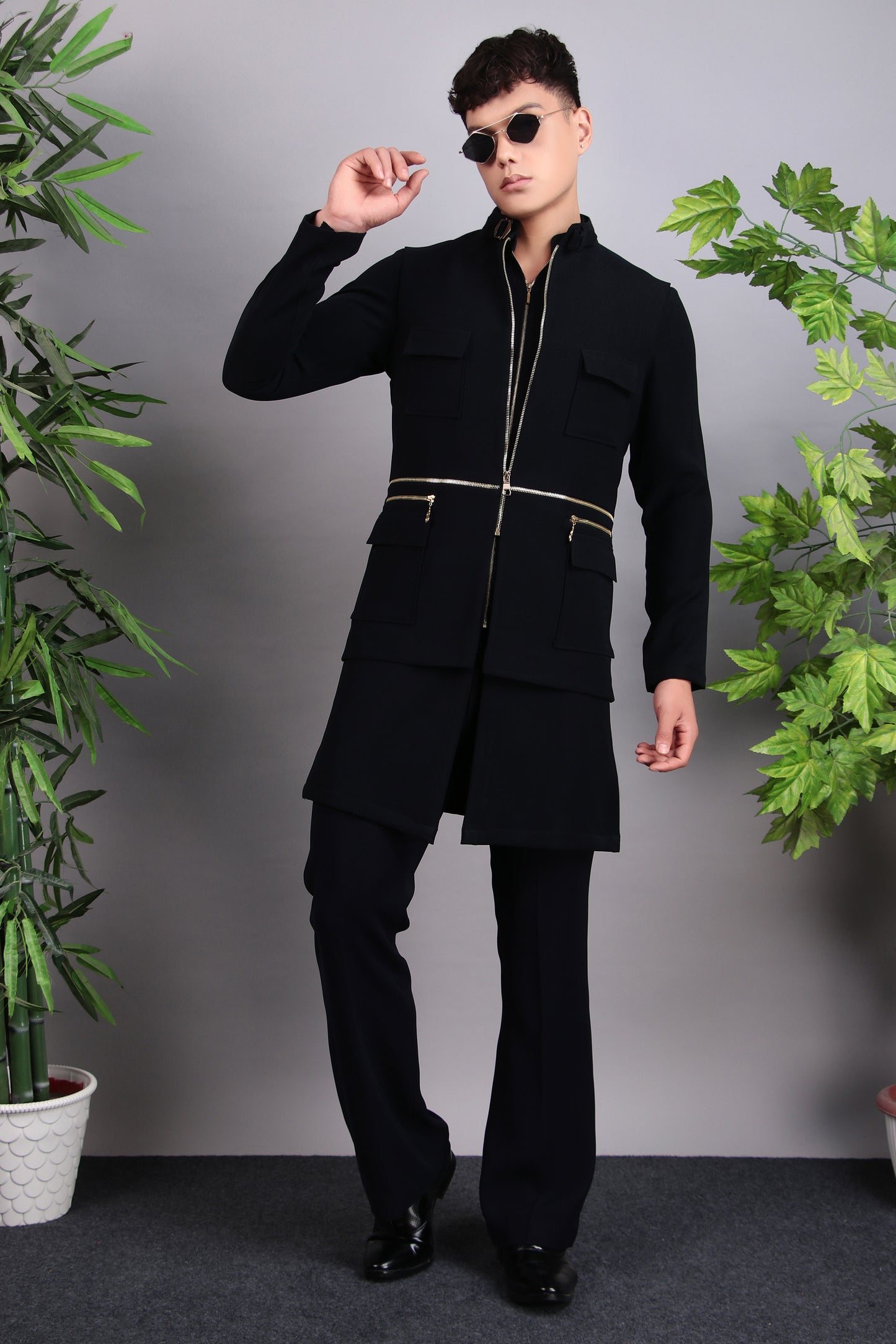 Detail view 2 - Men’s Nehru Jacket – Japanese Lycra in Blue with Designer Zip Front