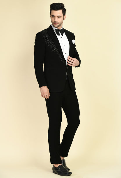 Men’s Tuxedo – Japanese Lycra in Black with Beads and Stone Work | One Man Show
