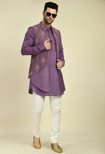 Men’s Nehru Jacket – Silk Georgette in Purple with Silk Thread and Zari Embroidery | One Man Show