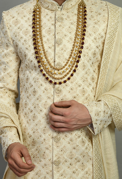 Men’s Sherwani – Silk in Ivory with Detailed Hand Embroidery | One Man Show
