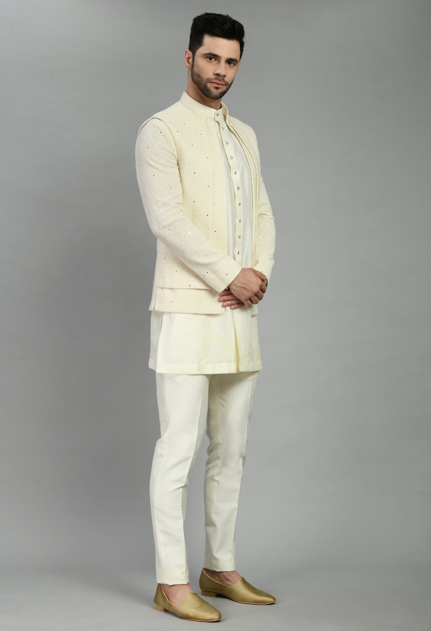 Detail view 1 - Men’s Nehru Jacket – Silk Georgette in Cream with Thread and Sequins Embroidery