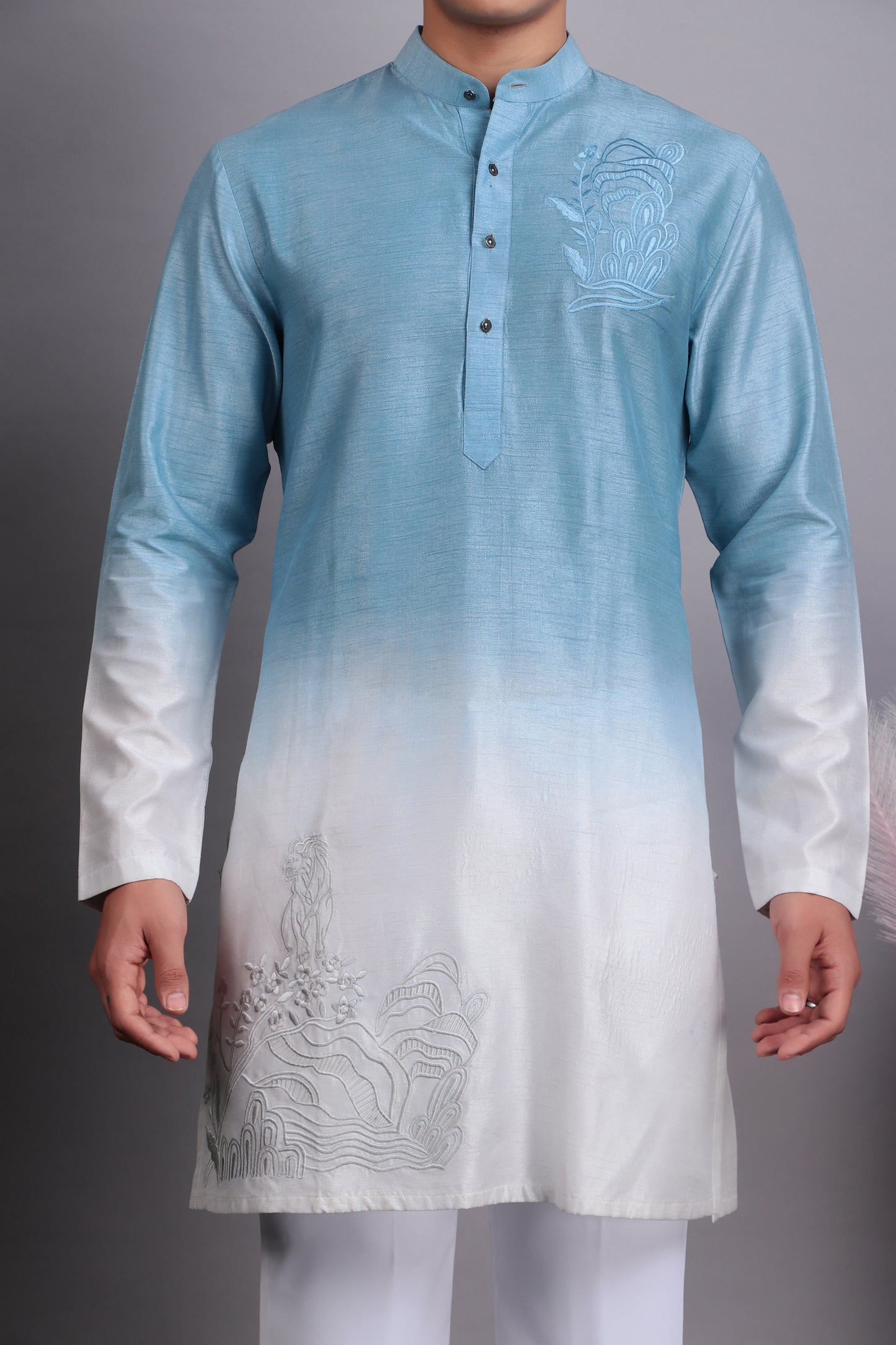 Detail view 4 - Men’s Kurta Set – Silk in Blue with Tie and Dye & Silk Thread Embroidery