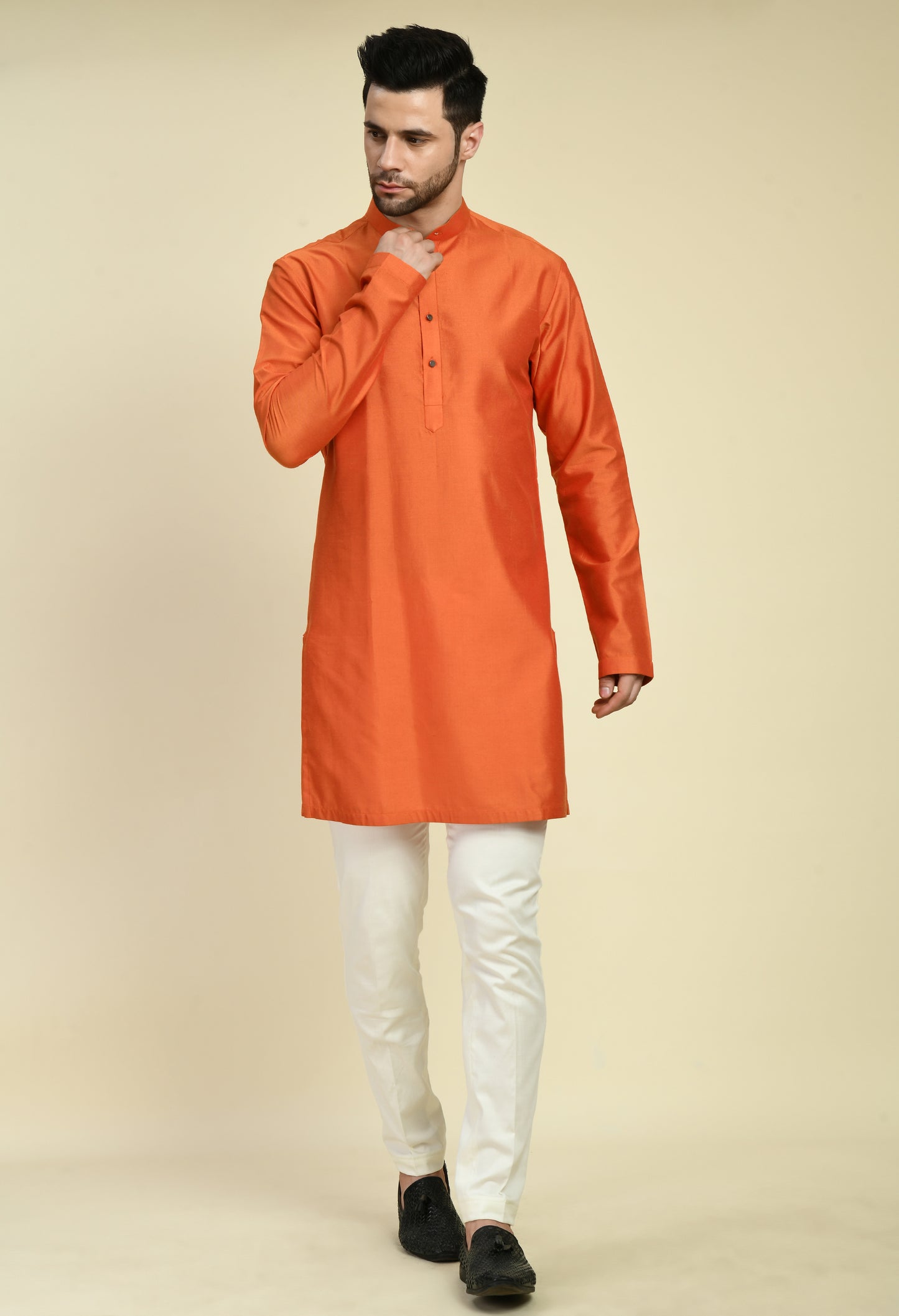 Side view - Men’s Nehru Jacket – Silk Georgette in Orange with Silk Thread Embroidery