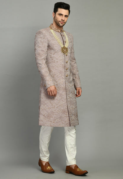 Men’s Sherwani – Silk in Pink with Detailed Hand Embroidery Allover | One Man Show