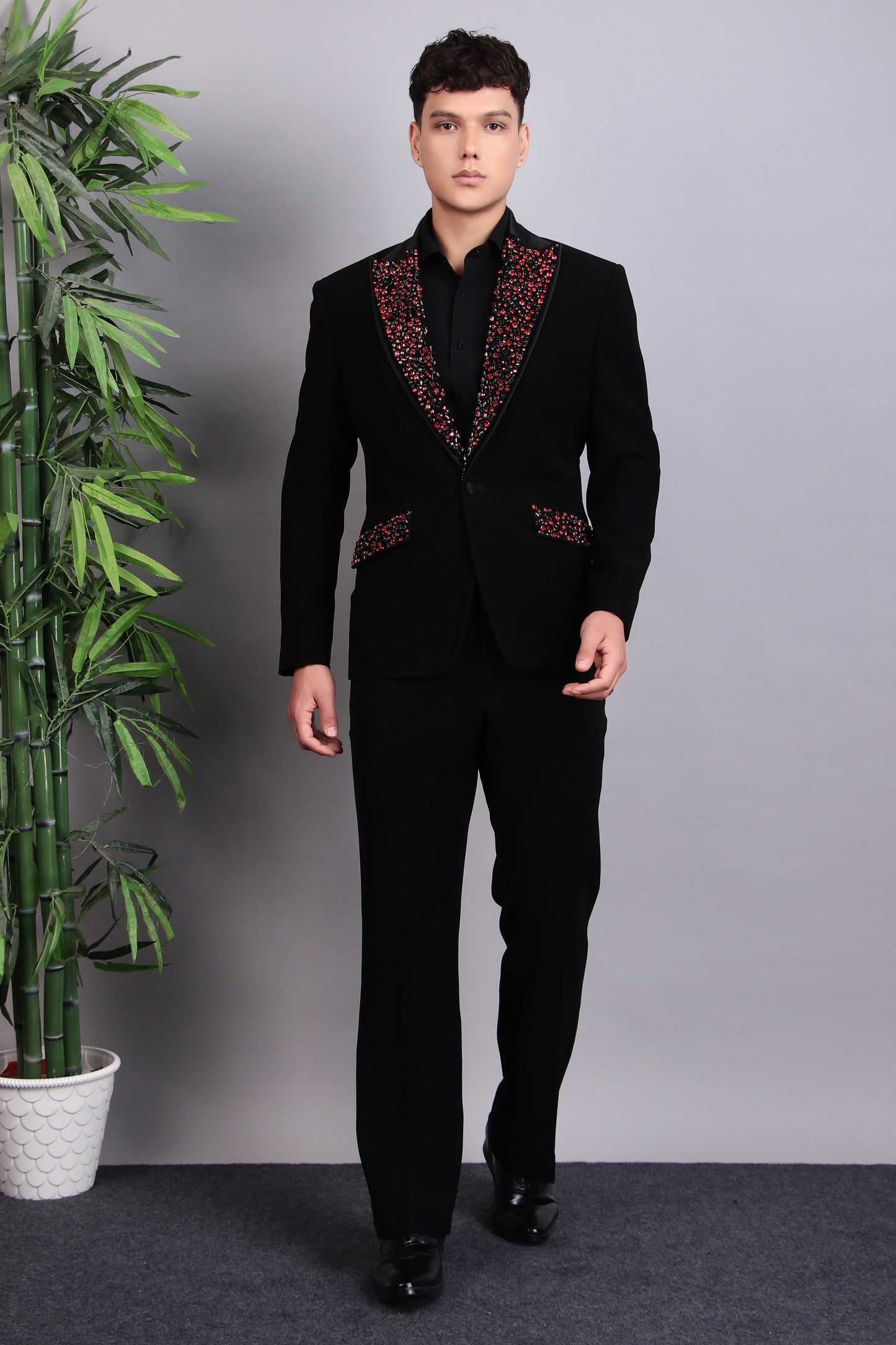Detail view 1 - Men’s Tuxedo – Japanese Lycra in Black with Abstract Stones Embroidery