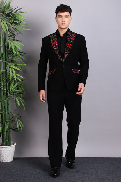 Men’s Tuxedo – Japanese Lycra in Black with Abstract Stones Embroidery | One Man Show