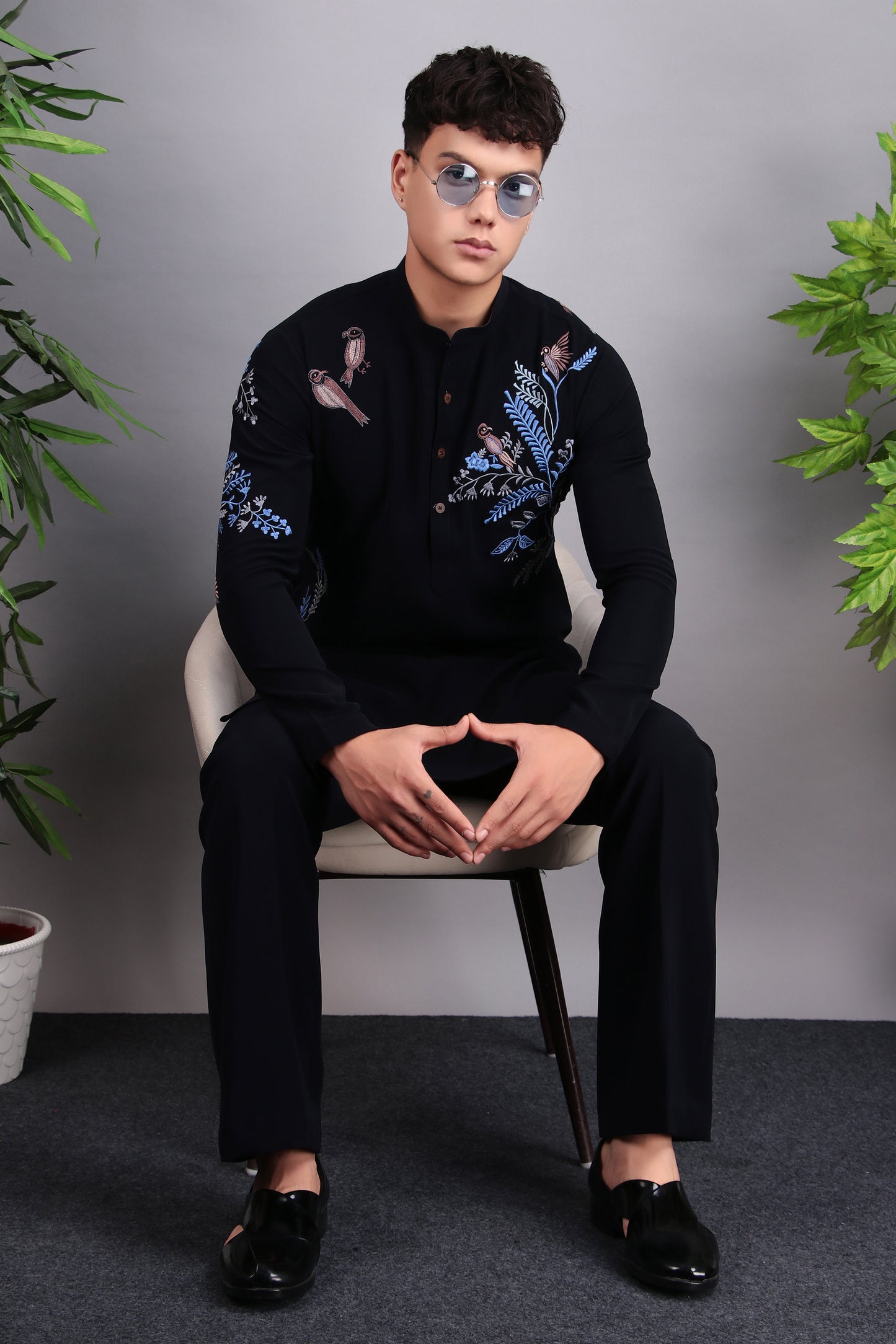 Detail view 3 - Men’s Kurta Set – Japanese Lycra in Blue with Blue Silk Thread Placement Embroidery