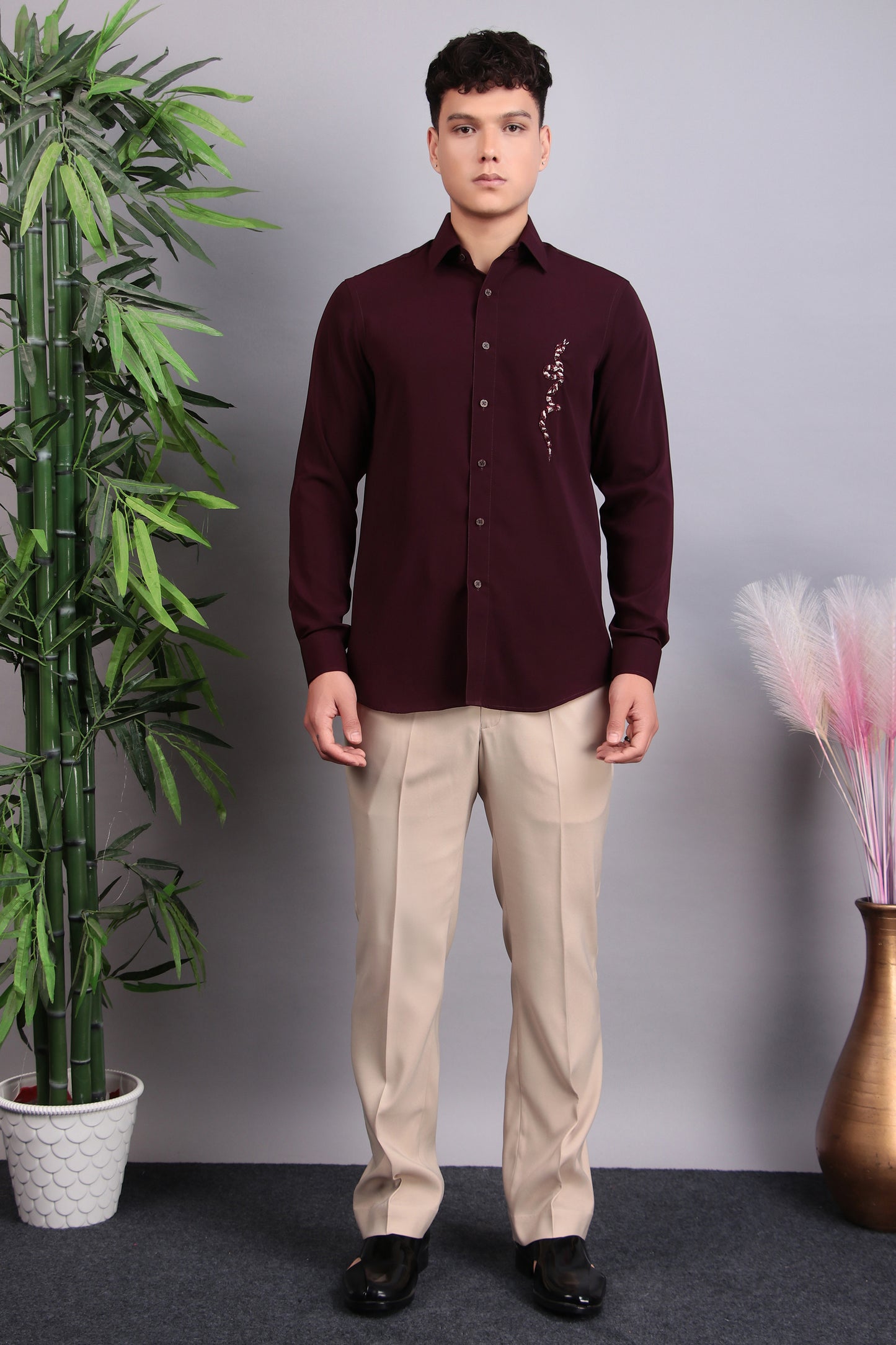 Front view - Men’s Shirt – Korean Wrinkle Free in Maroon with Snake Embroidery
