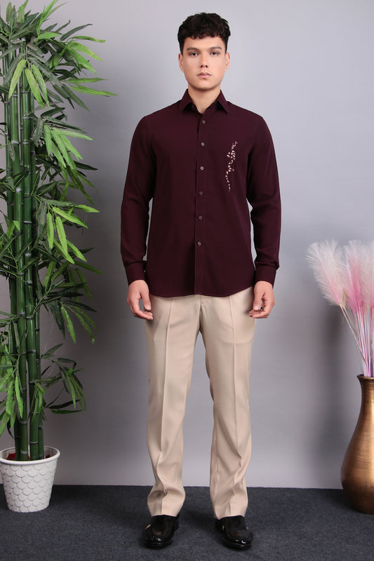 Front view - Men’s Shirt – Korean Wrinkle Free in Maroon with Snake Embroidery