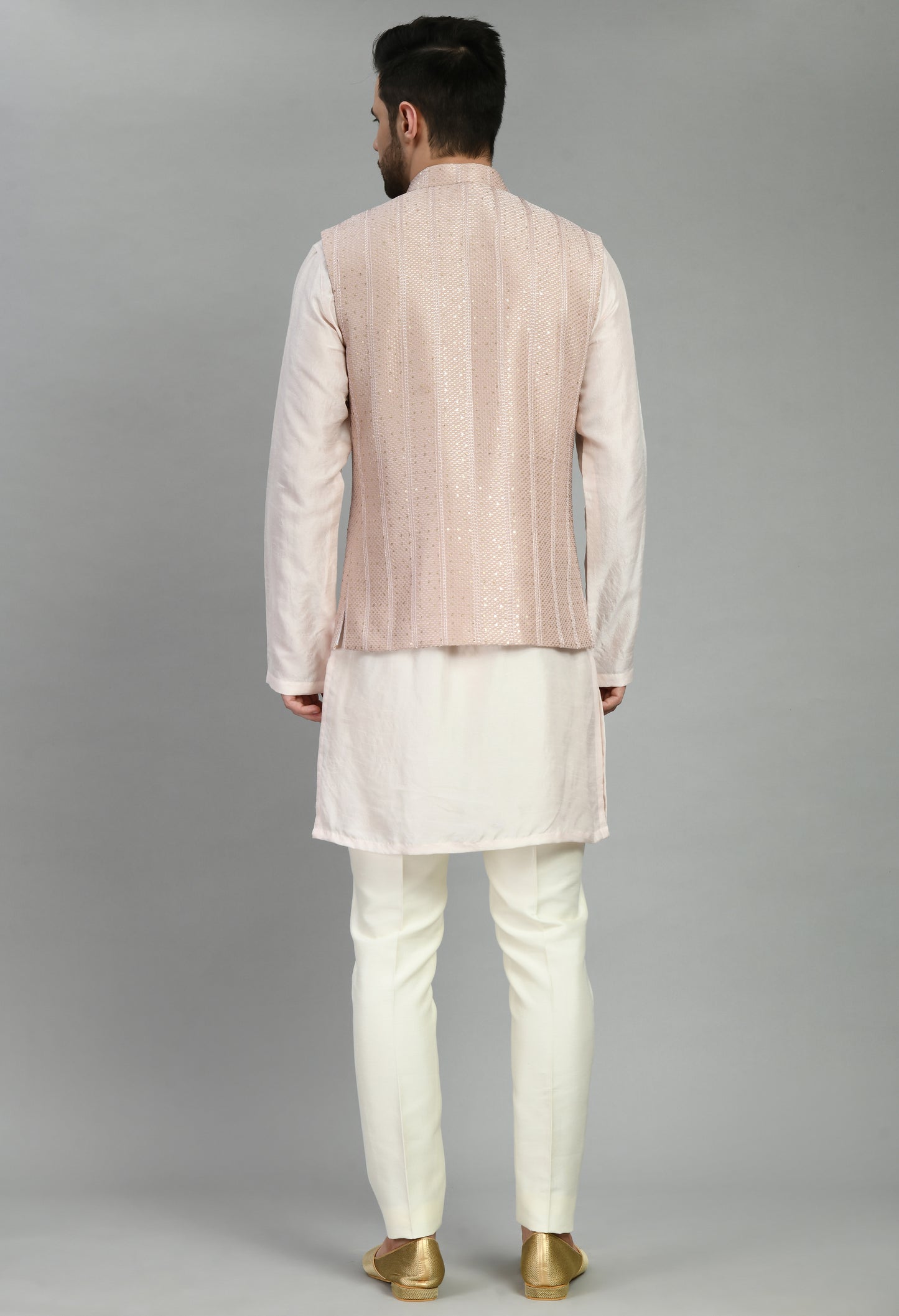 Back view - Men’s Nehru Jacket – Silk Georgette in Pink with Thread and Sequins Embroidery