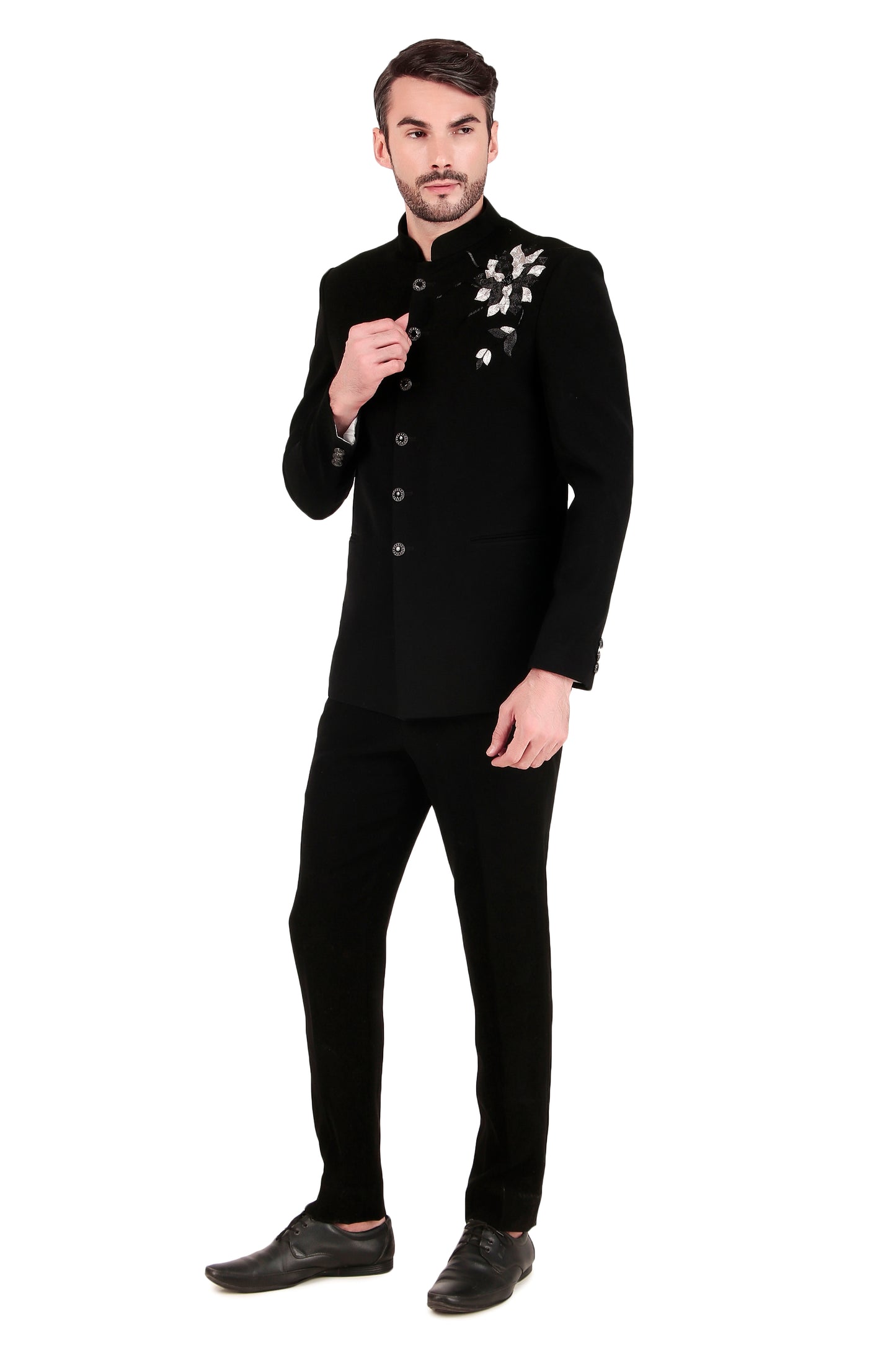 Detail view 1 - Men’s Bandhgala – Japanese Lycra in Black with Shoulder Placement Embroidery