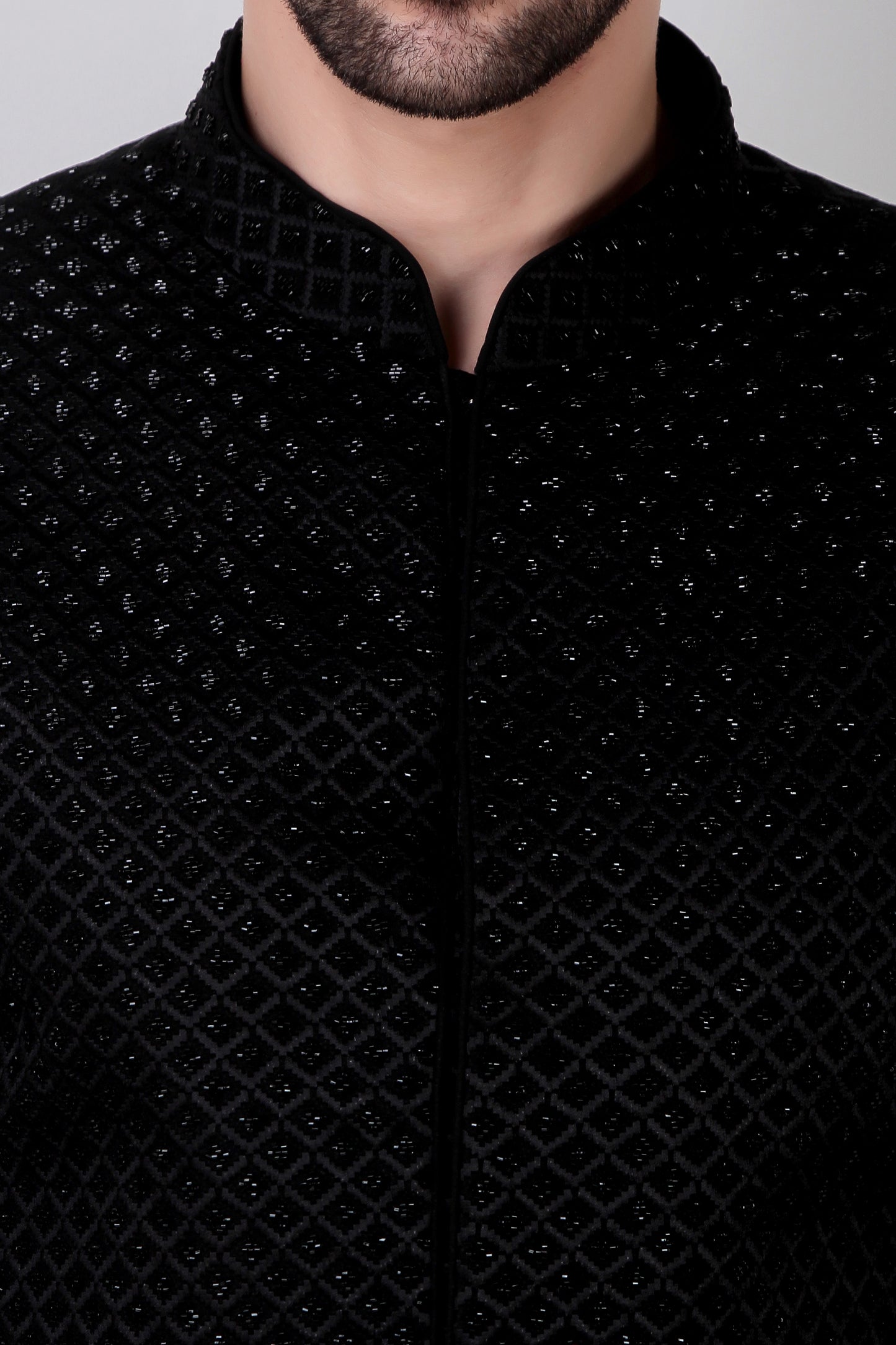 Detail view 1 - Men’s Indo-Western – Silk Georgette in Black with Cutdane Embroidery