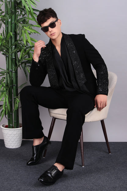 Men’s Tuxedo – Japanese Lycra in Black with Layered Lapel & Beaded Embroidery | One Man Show