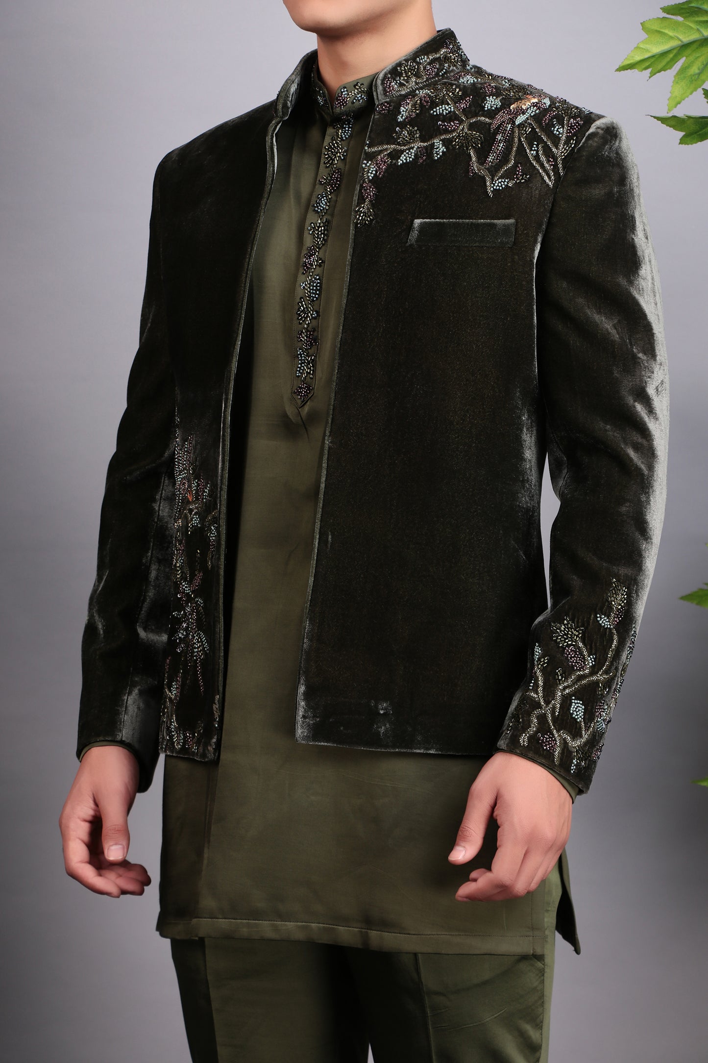 Back view - Men’s Indo-Western – Velvet Embroidered Fabric in Green with Multi Colored Floral Embroidery