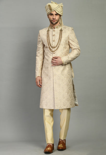 Men’s Sherwani – Silk in Beige with Detailed Hand Embroidery | One Man Show