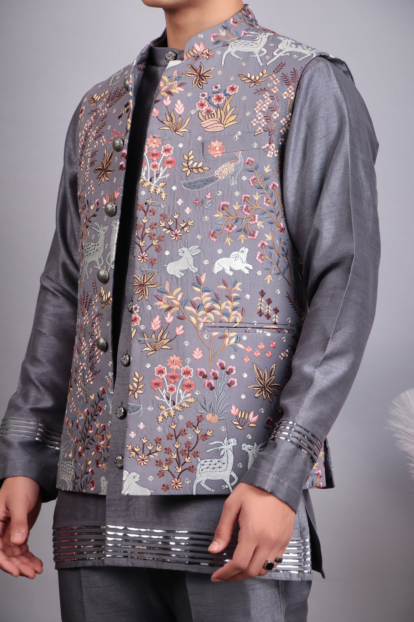 Detail view 5 - Men’s Nehru Jacket – Silk Embroidered Fabric in Grey with Multi Color Thread Embroidery