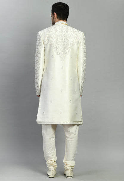 Men’s Sherwani – Silk in Ivory with Detailed Hand Embroidery Allover | One Man Show