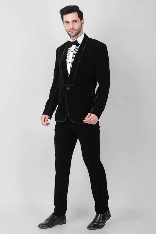 Front view - Men’s Tuxedo – Japanese Lycra in Black with Glass Bead Embroidery