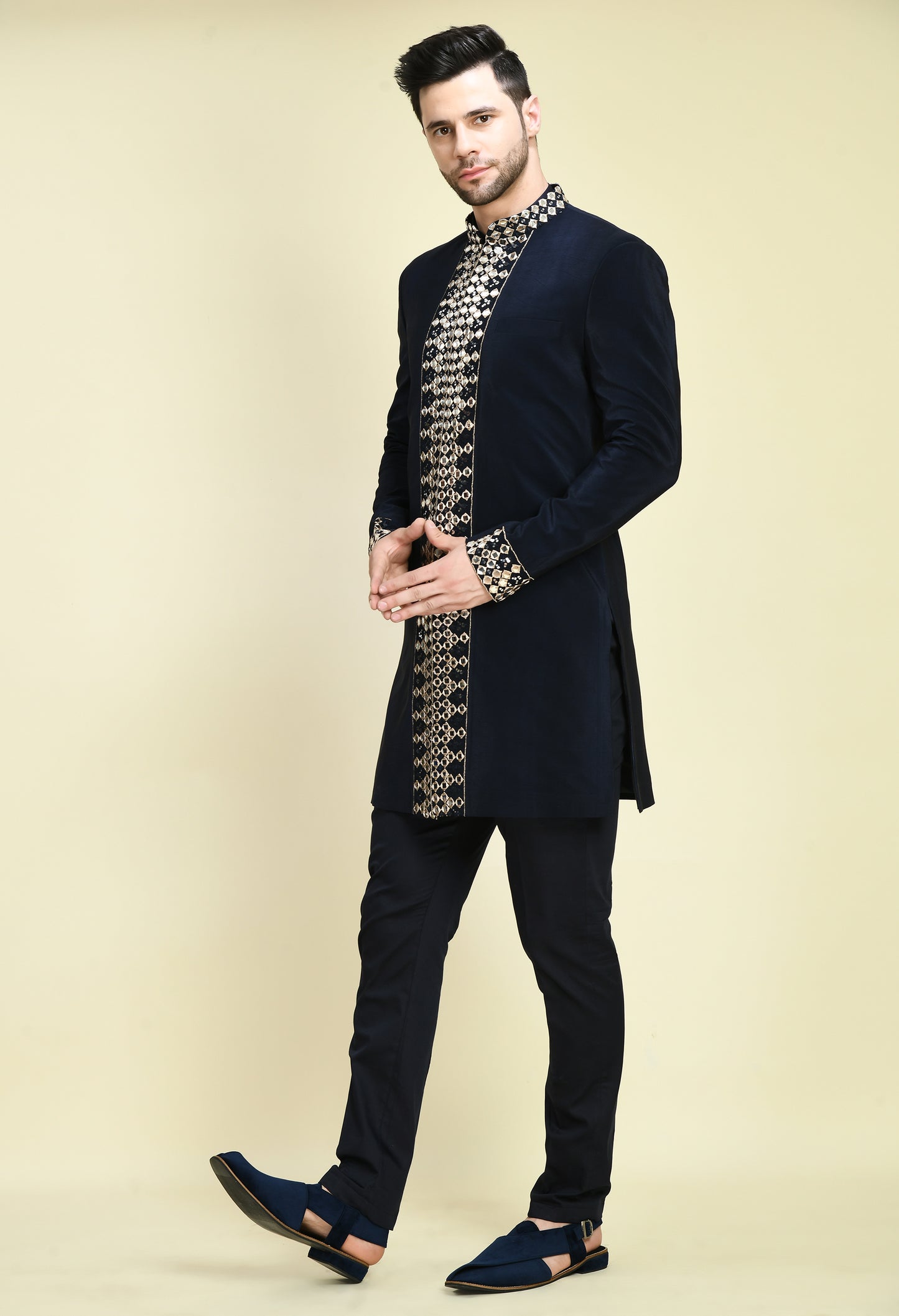 Detail view 1 - Men’s Indo-Western – Silk Crepe in Navy Blue with Mirror Work Embroidery