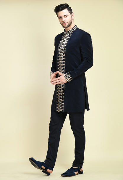 Men’s Indo-Western – Silk Crepe in Navy Blue with Mirror Work Embroidery | One Man Show