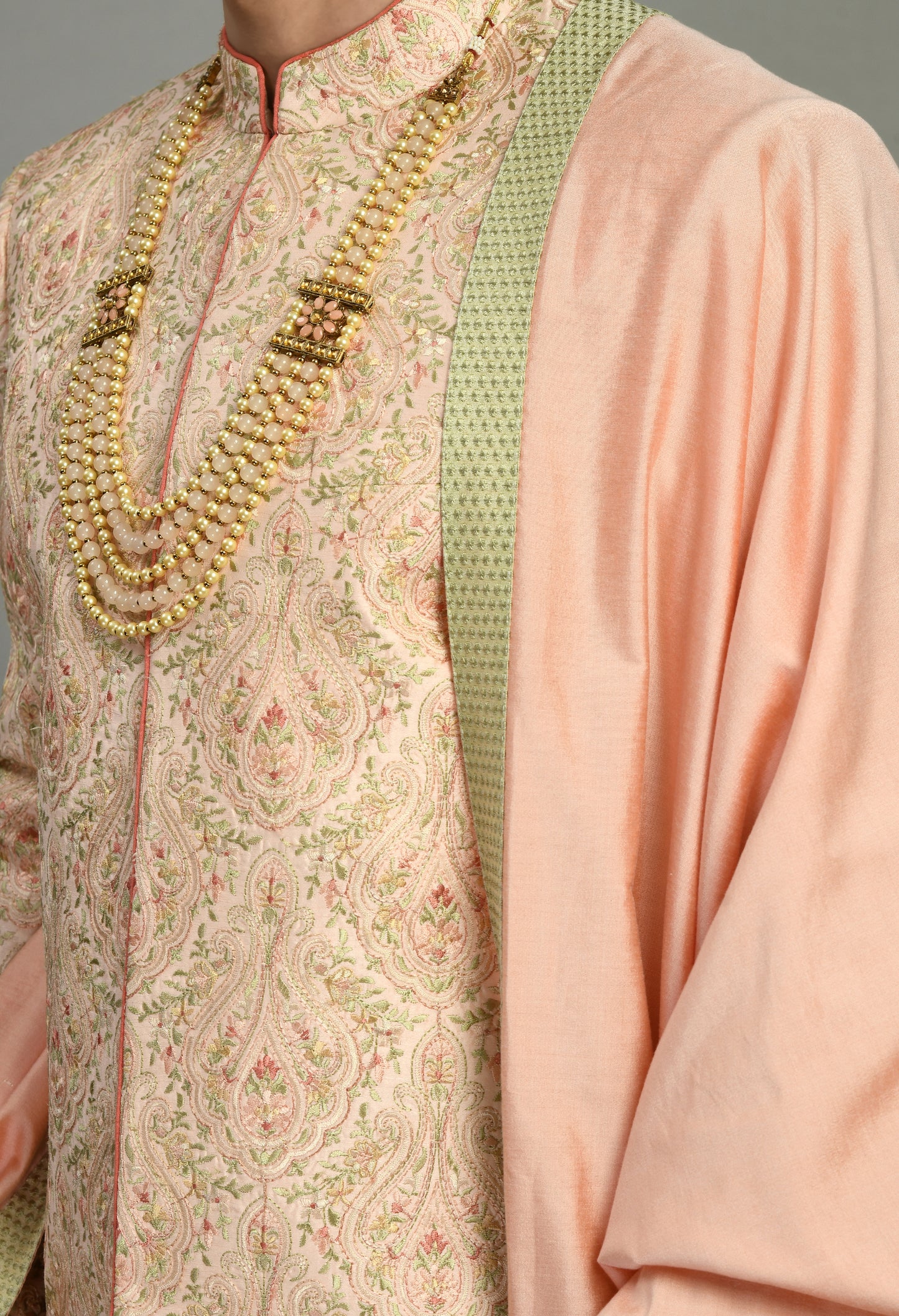 Detail view 3 - Men’s Sherwani – Silk in Peach with Detailed Hand Embroidery
