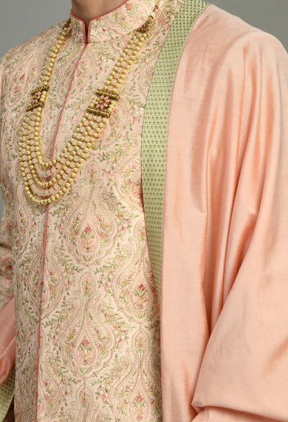 Men’s Sherwani – Silk in Peach with Detailed Hand Embroidery | One Man Show