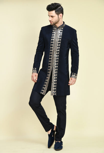 Men’s Indo-Western – Silk Crepe in Navy Blue with Mirror Work Embroidery | One Man Show