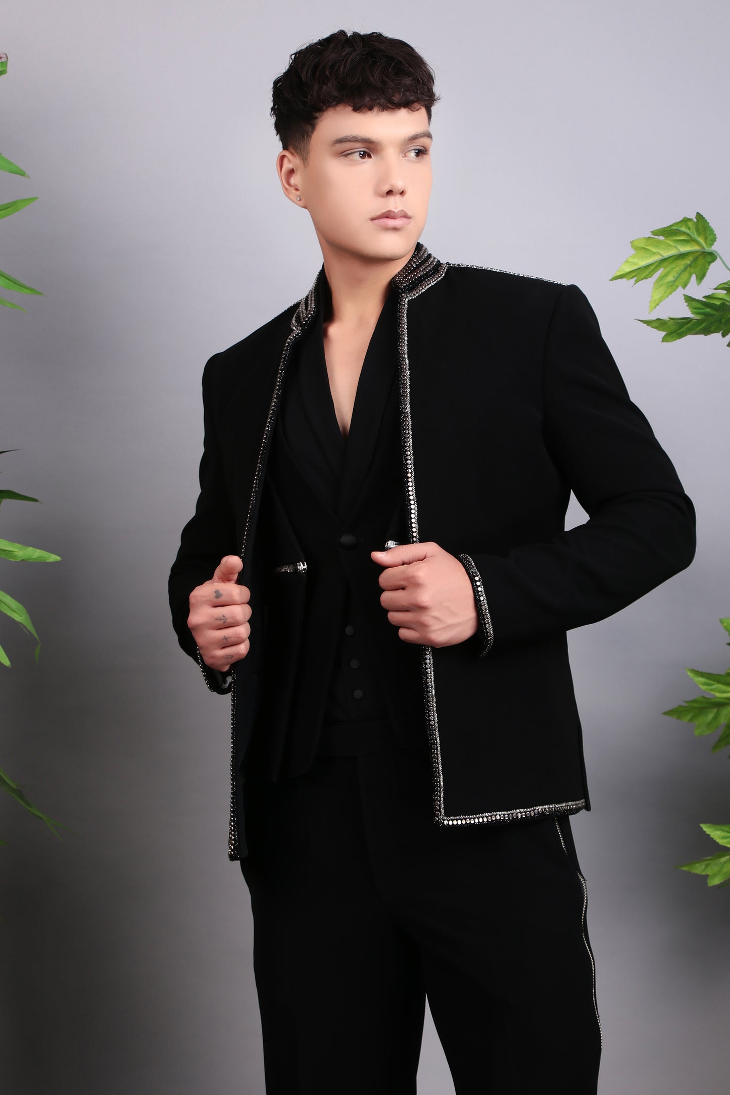 Detail view 6 - Men’s Tuxedo – Japanese Lycra in Black with Modern Front Zipper Jacket