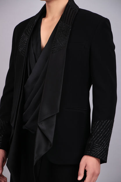 Men’s Tuxedo – Japanese Lycra in Black with Layered Lapel Style | One Man Show