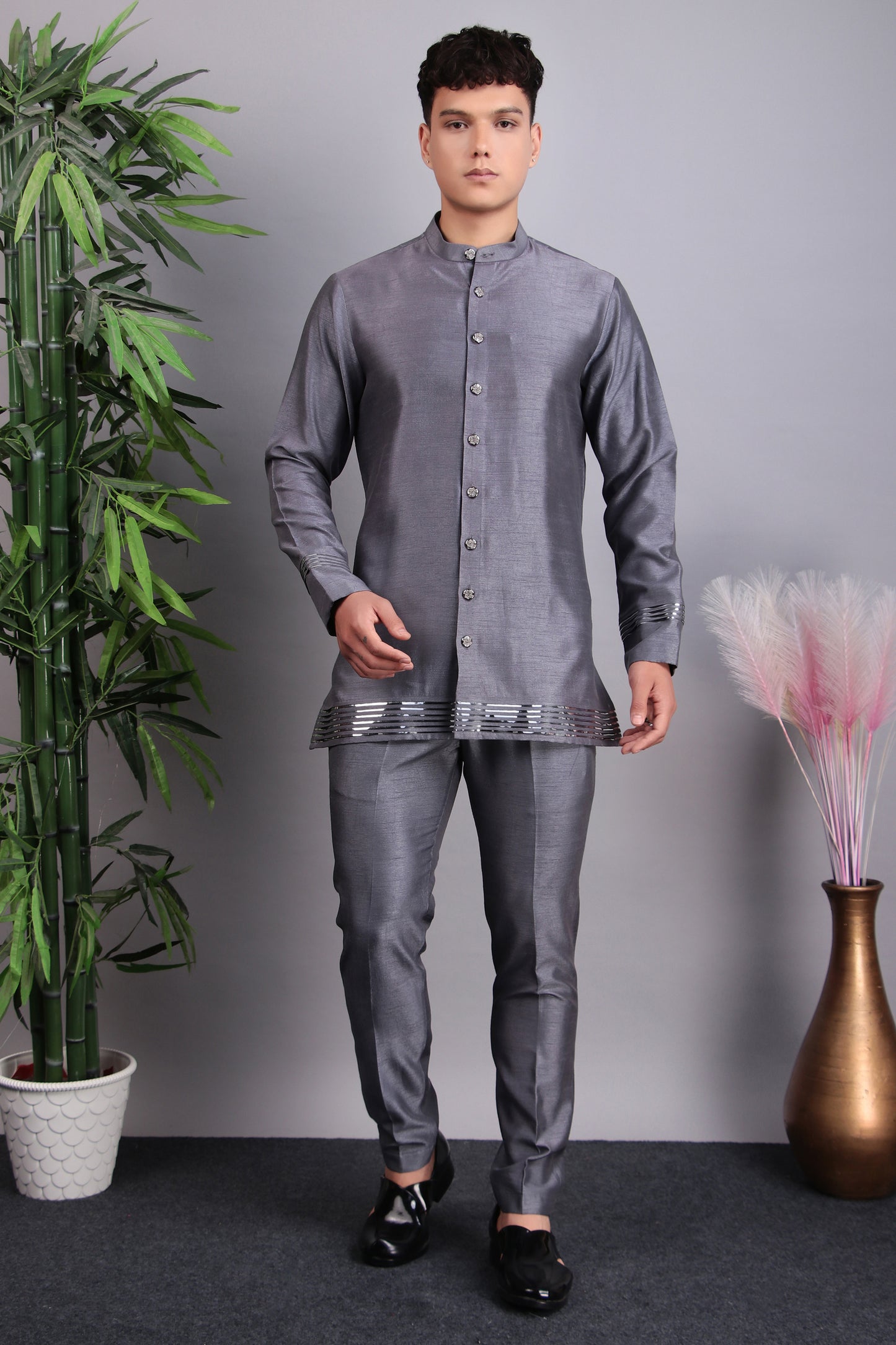 Detail view 1 - Men’s Nehru Jacket – Silk Embroidered Fabric in Grey with Multi Color Thread Embroidery