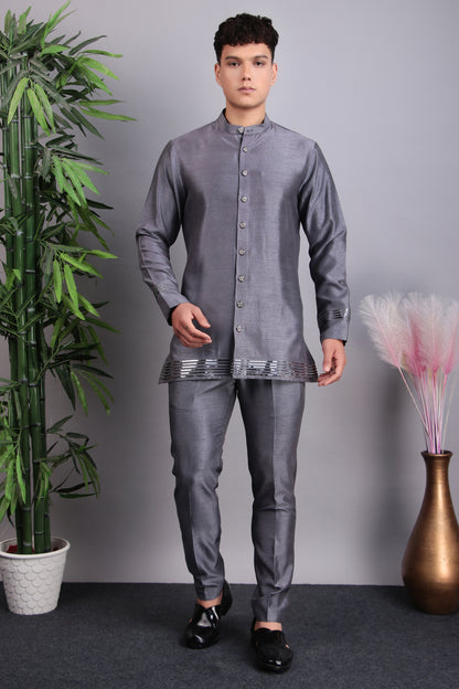 Men’s Nehru Jacket – Silk Embroidered Fabric in Grey with Multi Color Thread Embroidery | One Man Show