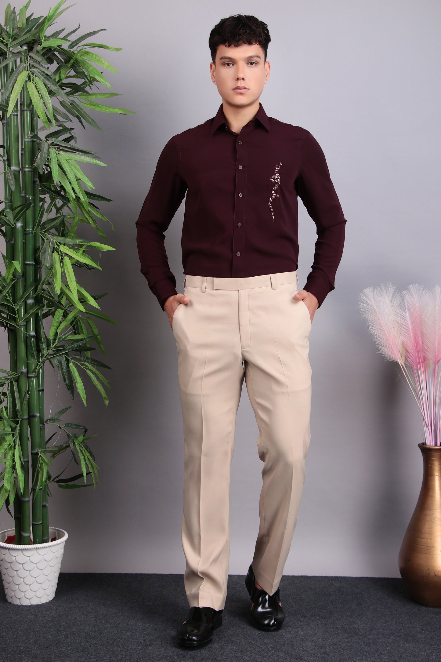 Back view - Men’s Shirt – Korean Wrinkle Free in Maroon with Snake Embroidery
