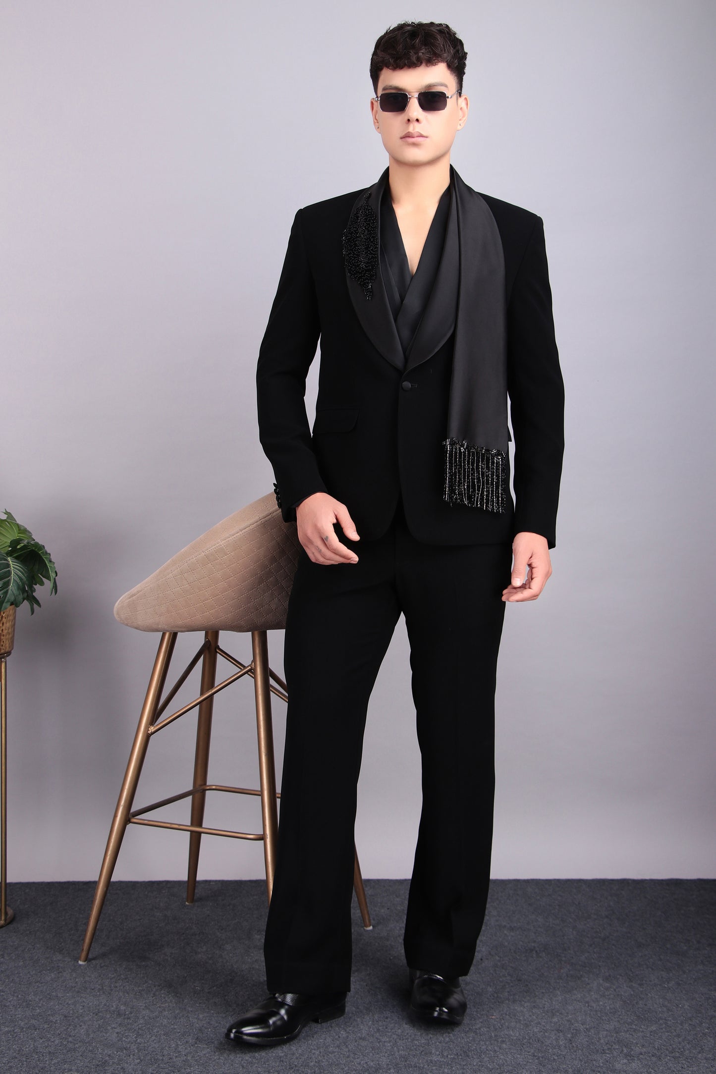 Men’s Tuxedo – Japanese Lycra in Black with Modern Cut & Designer Cowl Shirt | One Man Show
