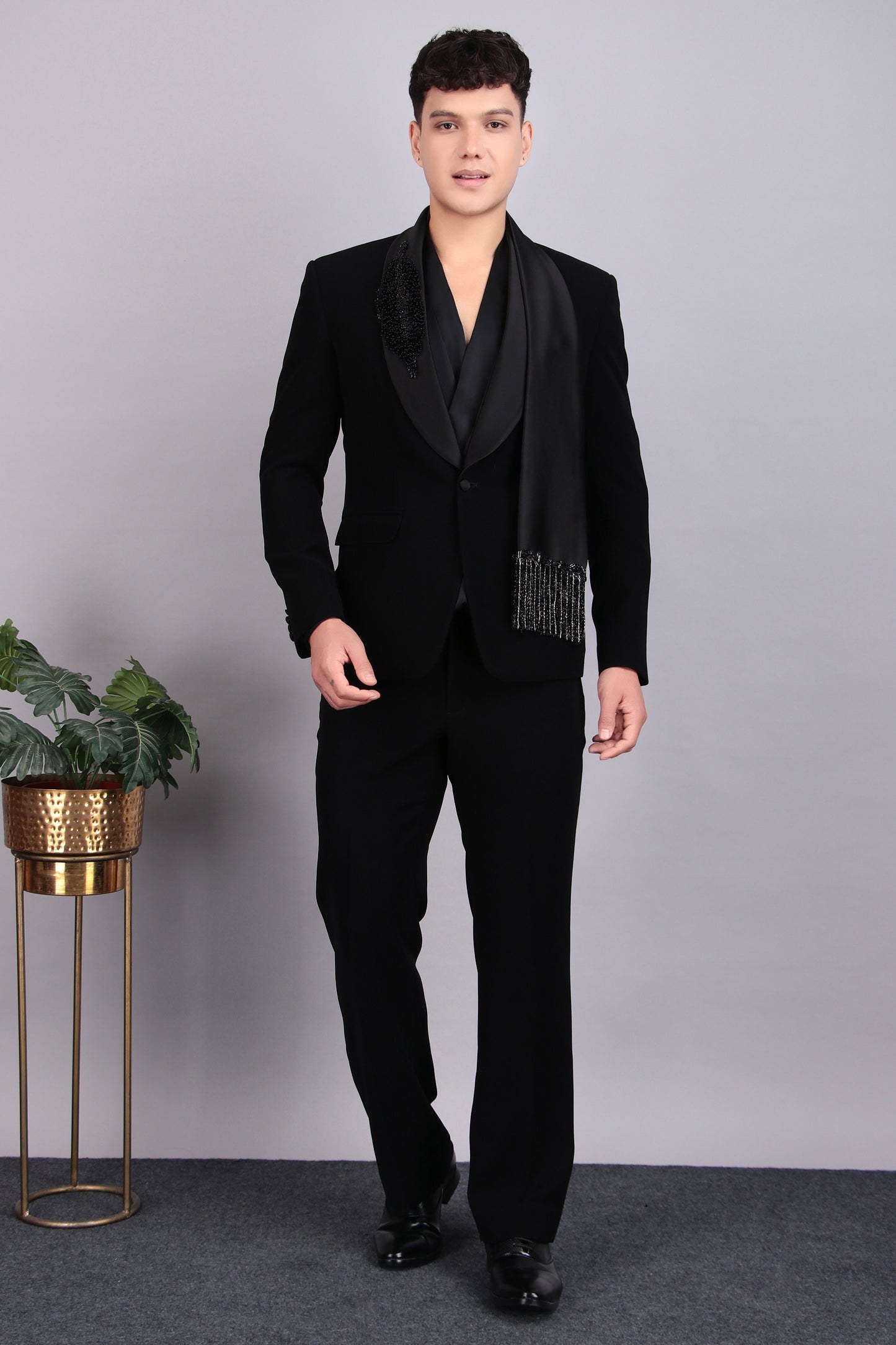 Men’s Tuxedo – Japanese Lycra in Black with Modern Cut & Designer Cowl Shirt | One Man Show
