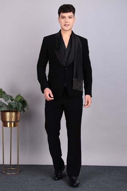 Men’s Tuxedo – Japanese Lycra in Black with Modern Cut & Designer Cowl Shirt | One Man Show