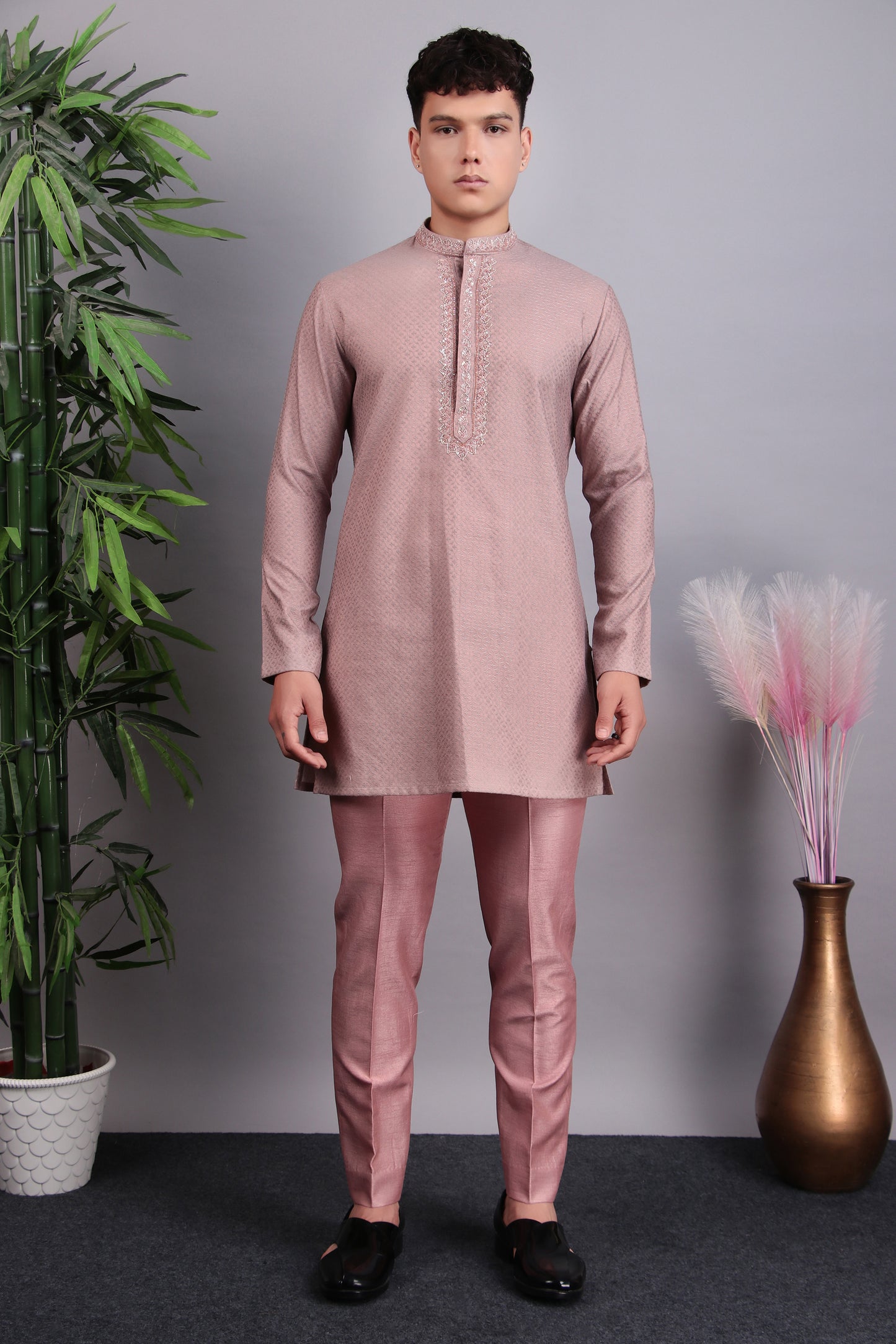 Detail view 4 - Men’s Indo-Western – Silk Embroidered Fabric in Pink with Floral Hand Embroidery